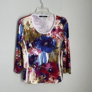 Lior Paris Multicolor Floral 3/4 Sleeve Pullover Top Blouse Art to Wear